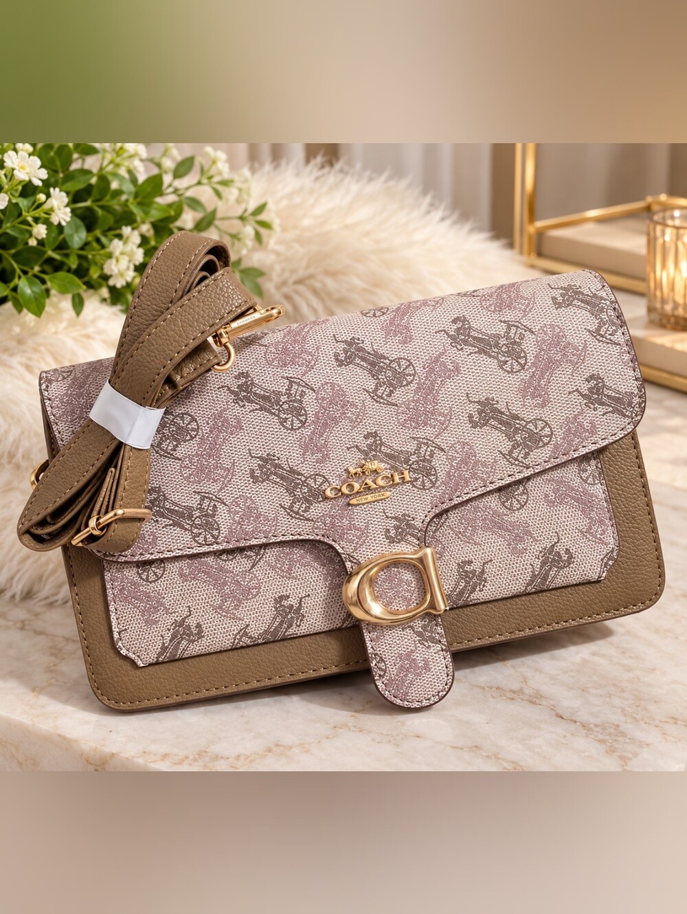 Coach Taupe & Light Pink Signature Crossbody with Gold Hardware
